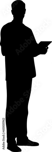 Silhouette of healthcare worker. Happy smiling doctor with a stethoscope and tablet. Male nurse in uniform. Vector flat style illustration set isolated on white. Full length view