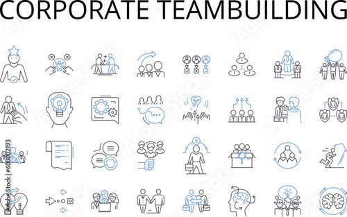 Corporate teambuilding line icons collection. Strategic planning, Executive coaching, Management development, Leadership training, Professional development, Business retreats, Innovation workshops