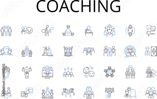 Coaching line icons collection. Mentoring, Guiding, Training, Instructing, Tutoring, Advising, Teaching vector and linear illustration. Directing,Counseling,Educating outline signs set