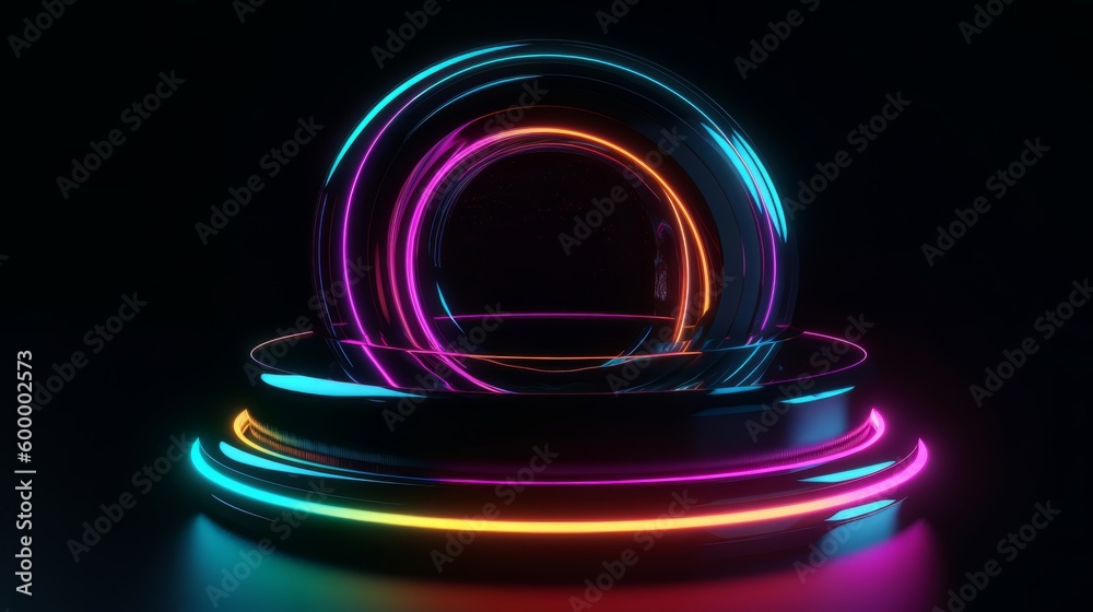 A mesmerizing neon light sculpture resting on a table. Generative ai A mesmerizing neon light sculpture resting on a table. Generative ai