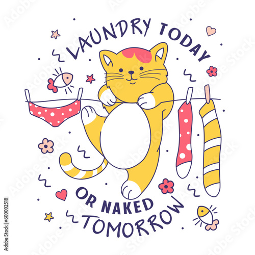 Funny washday concept with cute kitten and underwear drying on clothesline. Fun sarcastic saying about laundry day, isolated vector drawing. photo