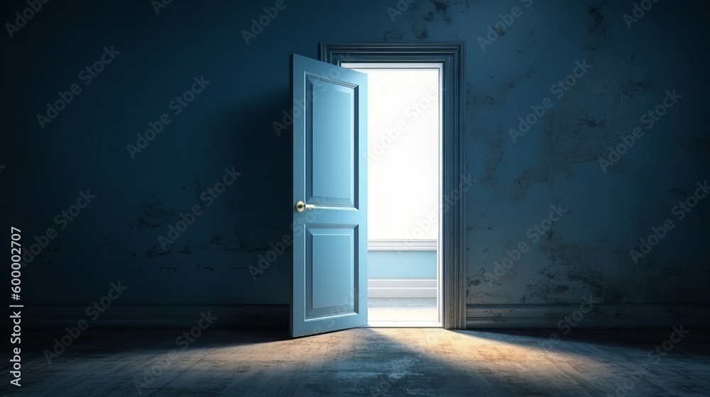 An open door in a dimly lit room with a ray of light shining through. Generative ai An open door in a dimly lit room with a ray of light shining through. Generative ai