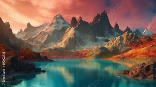 A serene mountain lake with a breathtaking view of surrounding mountains. Generative ai