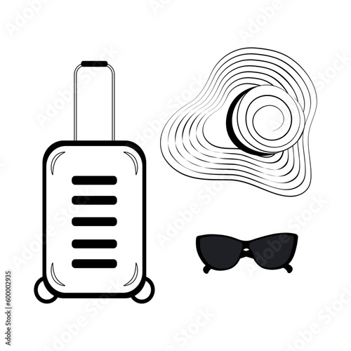 Set of contour drawing of a hat with wide brim and a strips around, sunglasses and travel suitcase