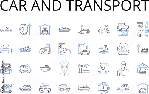 Car and transport line icons collection. Automobile, Vehicle, Truck, Van, Bus, Bike, Motorcycle vector and linear illustration. Scooter,Trailer,Camper outline signs set