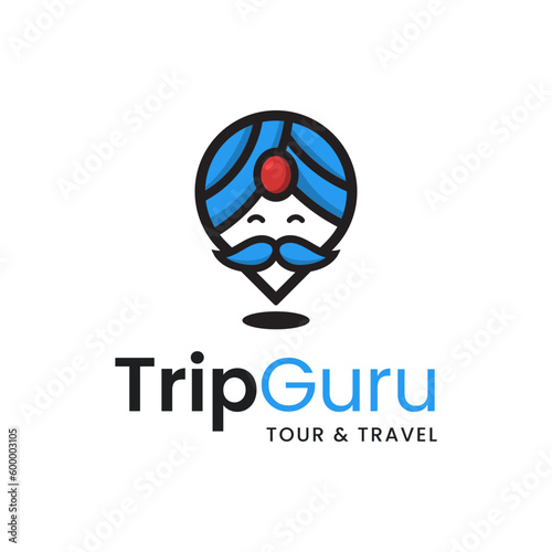 A combination character logo of a teacher priest and location pin. It is suitable for use as a travel agency logo.