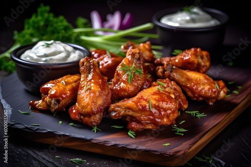 delicious chicken wings with blue cheese dip, American style, Generative AI