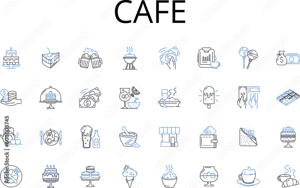 Cafe line icons collection. Bistro, Restaurant, Diner, Eatery, Brasserie, Deli, Snack bar vector and linear illustration. Tea room,Coffeehouse,Canteen outline signs set
