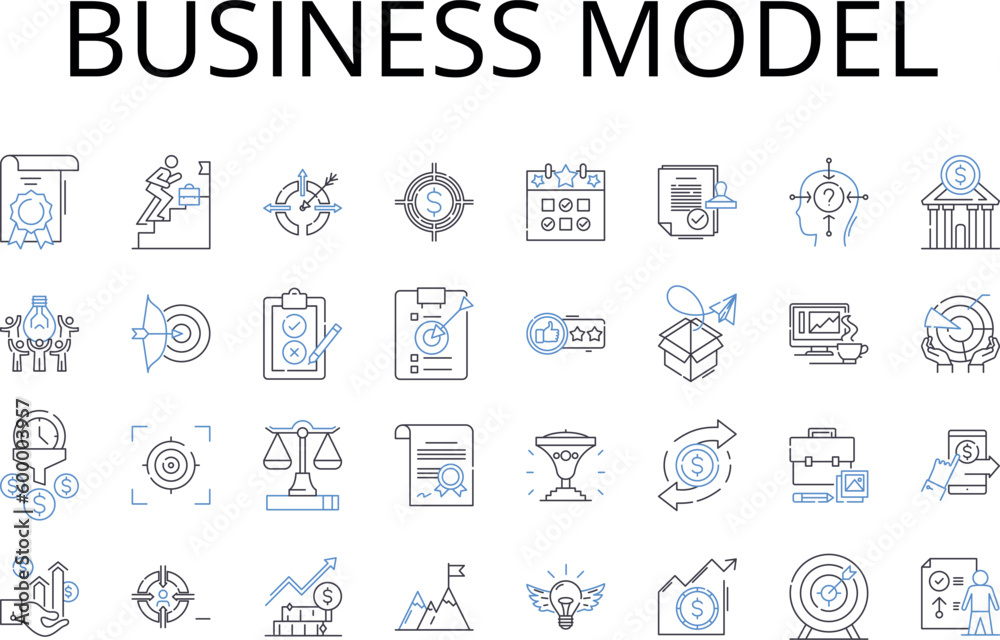 Business Model line icons collection. Sales Strategy, Marketing Plan, Revenue Stream, Income Model, Economic Framework, Management Approach, Operational Structure vector and linear illustration Business Model line icons collection. Sales Strategy, Marketing Plan, Revenue Stream, Income Model, Economic Framework, Management Approach, Operational Structure vector and linear illustration