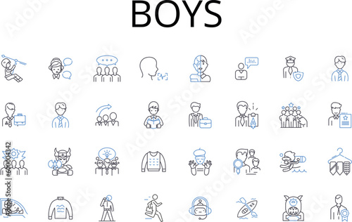 Boys line icons collection. Men, Guys, Males, Dudes, Bros, Lads, Gentlemen vector and linear illustration. Blokes,Fellas,Sons outline signs set