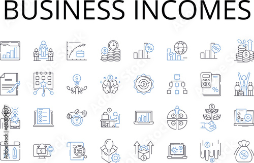 Business incomes line icons collection. Income earnings, Financial gains, Commercial returns, Profit revenues, Mtary rewards, Fiscal proceeds, Capital earnings vector and linear illustration. Trade