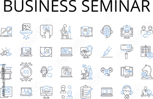 Business seminar line icons collection. Brand workshop, Marketing clinic, Sales summit, Leadership retreat, Entrepreneur forum, Innovation conference, CEO symposium vector and linear illustration