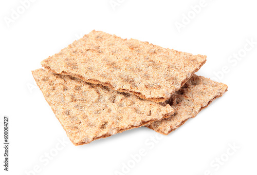 Many fresh crunchy crispbreads on white background. Healthy snack