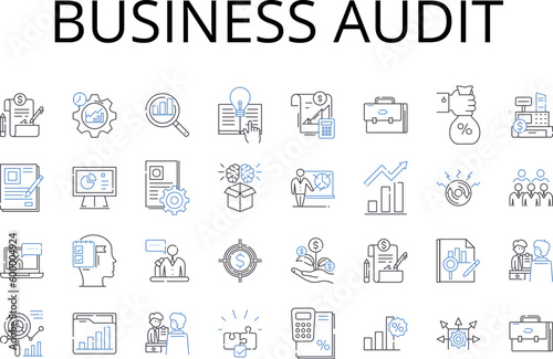 Business audit line icons collection. Financial review, Performance assessment, Operations evaluation, Market analysis, Record inspection, Risk examination, Workflow examination vector and linear © michael broon