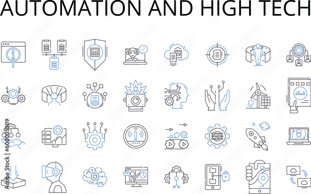 Automation and high tech line icons collection. Artificial intelligence, Modern technology, Computerized systems, Digital revolution, Robotic innovations, Automated processes, Technological