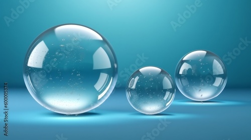 Three transparent glass balls on a vibrant blue background. Generative ai