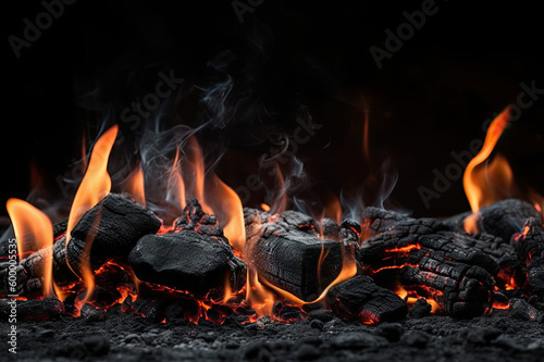 Photographie Barbecue Grill Pit With Glowing And Flaming Hot Charcoal Briquettes, Close-Up cr
