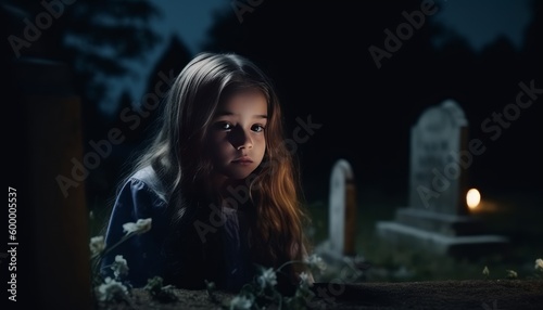 A orphan girl sitting beside her parents grave starring at it, ai, ai generative, illustration photo