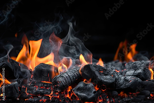 Barbecue Grill Pit With Glowing And Flaming Hot Charcoal Briquettes, Close-Up created with Generative AI technology