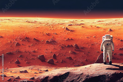 Ravishing digital illustration of Mars landscape feature with red surface and mountain with astronaut. Space exploration and martian on red planet concept by generative AI.