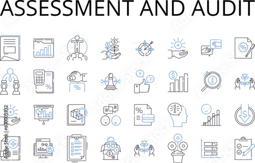 Assessment and audit line icons collection. Analysis and evaluation, Appraisal and inspection, Review and examination, Check and verification, Scrutiny and examination, Appraise and scrutinize