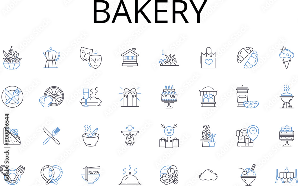 Bakery line icons collection. Pastry shop, Bread store, Cake house, Cookie corner, Sweet factory, Confectiry store, Dessert shop vector and linear illustration. Sugar haven,Muffin parlor,Donut shop