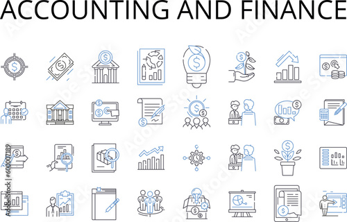 Accounting and finance line icons collection. Bookkeeping, Audit, Economics, Investment, Profitability, Financial analysis, Taxation vector and linear illustration. Risk management,Budgeting,Cash flow