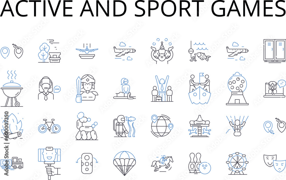 Active and sport games line icons collection. Dynamic sports, High-energy games, Vigorous athletic activities, Lively recreation, Robust physical pastimes, Strenuous exercises, Agile sports vector and