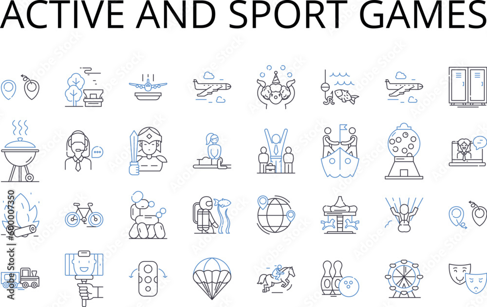 Active and sport games line icons collection. Dynamic sports, High-energy games, Vigorous athletic activities, Lively recreation, Robust physical pastimes, Strenuous exercises, Agile sports vector and Active and sport games line icons collection. Dynamic sports, High-energy games, Vigorous athletic activities, Lively recreation, Robust physical pastimes, Strenuous exercises, Agile sports vector and