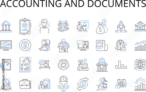 Accounting and documents line icons collection. Bookkeeping, Financial management, Record-keeping, Expense tracking, Ledger, Financial statement, Taxation vector and linear illustration. Financial