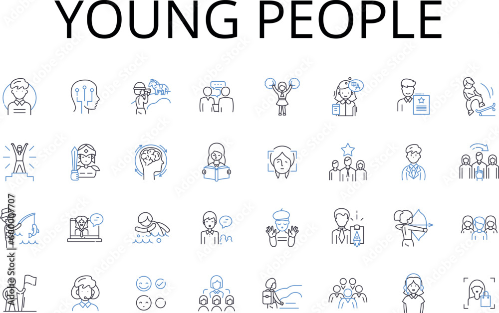 Young people line icons collection. New generation, Juvenile populace, Junior cohort, Adolescent bunch, Emerging youth, Teen populace, Youngsters community vector and linear illustration. Young adults Young people line icons collection. New generation, Juvenile populace, Junior cohort, Adolescent bunch, Emerging youth, Teen populace, Youngsters community vector and linear illustration. Young adults