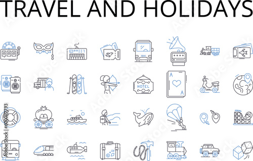 Travel and holidays line icons collection. Journey, Expedition, Tour, Excursion, Voyage, Trek, Adventure vector and linear illustration. Pilgrimage,Road trip,Vacation outline signs set