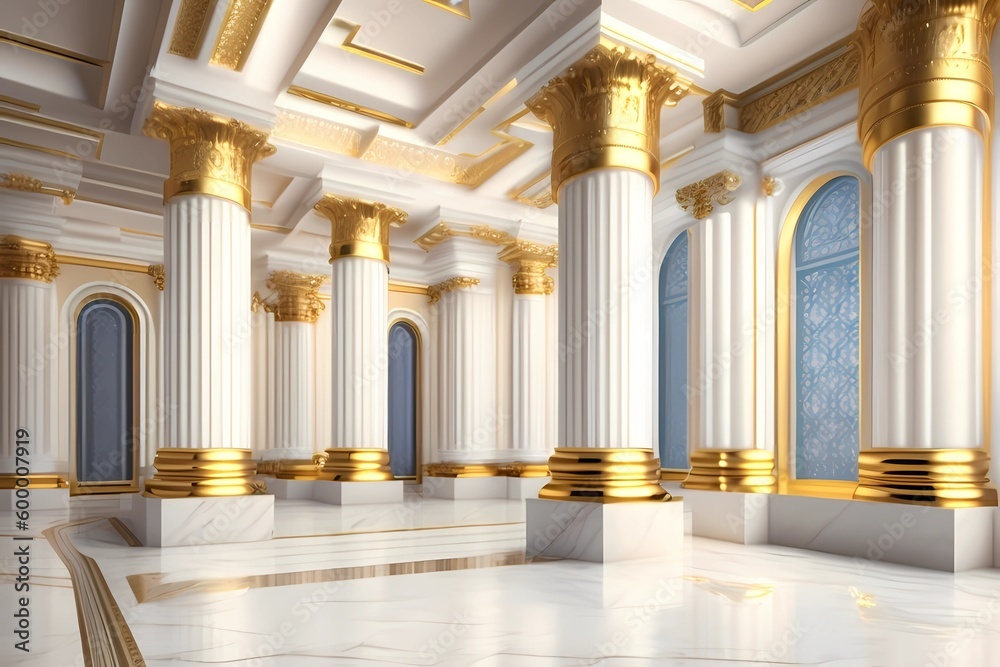Fototapeta premium Old castle decor with 3D columns wallpaper and white and golden marble