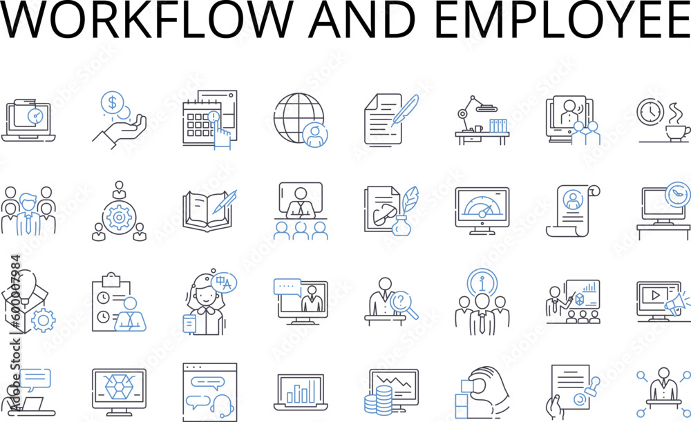 Workflow and employee line icons collection. Strategy and planning, Innovation and creativity, Collaboration and teamwork, Efficiency and optimization, Communication and feedback, Productivity and