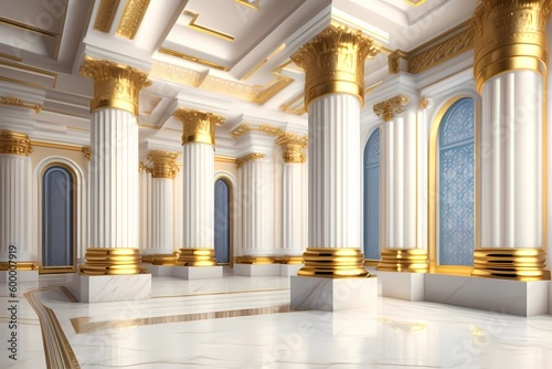 Old castle decor with 3D columns wallpaper and white and golden marble