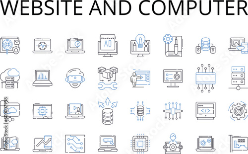 Website and computer line icons collection. Website, Webpage, Online platform, Internet site, Virtual space, Cyber portal, Digital destination vector and linear illustration. Online hub,Electronic