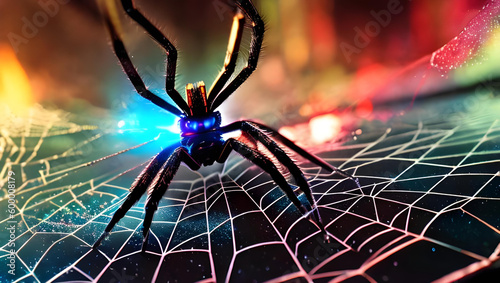 Wallpaper of a Cyborg spider, in its web