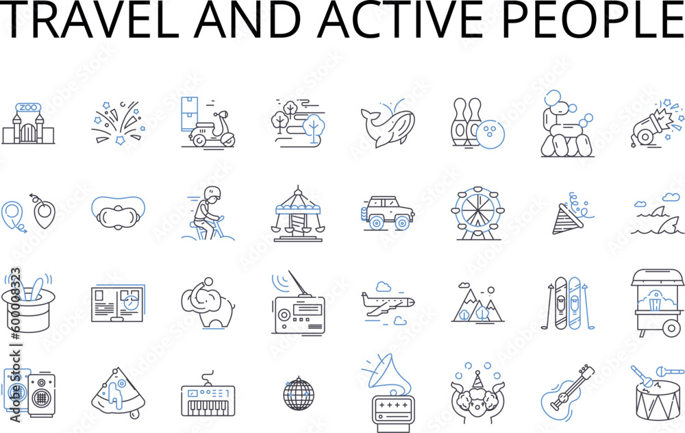Travel and active people line icons collection. Adventure seekers, Jet-setters, Roaming nomads, Wandering spirits, Globetrotting enthusiasts, Excursion aficionados, Touring adventurers vector and