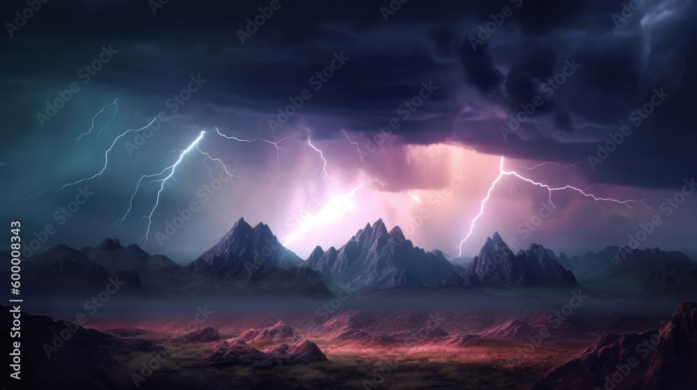 Fototapeta premium A dramatic lightning storm illuminating a mountain range at night. Generative ai