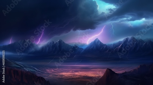 A thunderstorm over a majestic mountain range. Generative ai