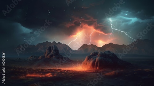 A dramatic mountain landscape with lightning strikes and storm clouds. Generative ai © cac_tus