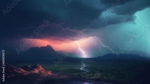 A looming storm over a majestic mountain range. Generative ai