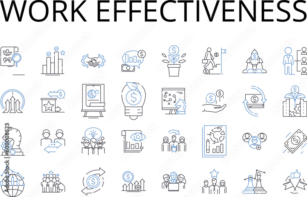 Work effectiveness line icons collection. Team synergy, Employee engagement, Task efficiency, Meeting productivity, Time management, Skill utilization, Project execution vector and linear illustration Work effectiveness line icons collection. Team synergy, Employee engagement, Task efficiency, Meeting productivity, Time management, Skill utilization, Project execution vector and linear illustration