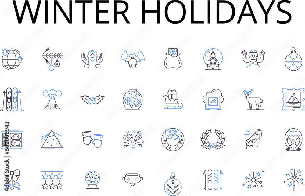 Winter holidays line icons collection. Christmas season, Yuletide, Festive season, Holiday season, Advent, Hanukkah, Kwanzaa vector and linear illustration. Boxing Day,New Year's Eve,Epiphany outline