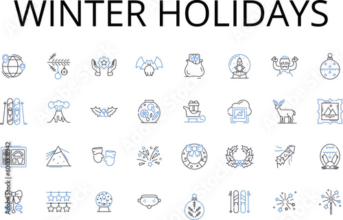 Winter holidays line icons collection. Christmas season, Yuletide, Festive season, Holiday season, Advent, Hanukkah, Kwanzaa vector and linear illustration. Boxing Day,New Year's Eve,Epiphany outline