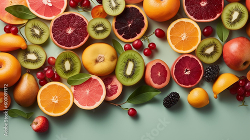 Fresh and Juicy  Top View of Summer Fruits Arranged on Pastel Background  With Generative AI