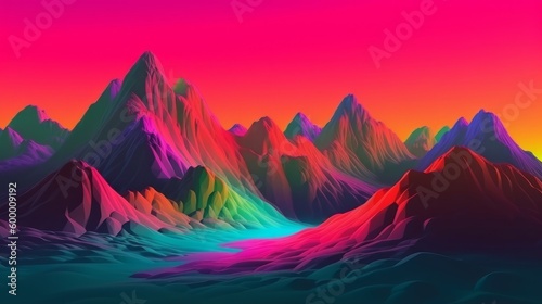 A colorful mountain landscape with a vibrant rainbow sky. Generative ai