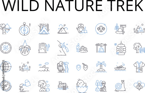 Wild nature trek line icons collection. Rugged mountain climb, Deep sea dive, Serene beach stroll, Majestic waterfall, Mysterious cave exploration, Scenic forest hike, Coastal bike ride vector and