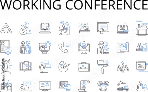 Working conference line icons collection. Business meeting, Sales pitch, Product launch, Press briefing, Management seminar, Training workshop, Brainstorming session vector and linear illustration