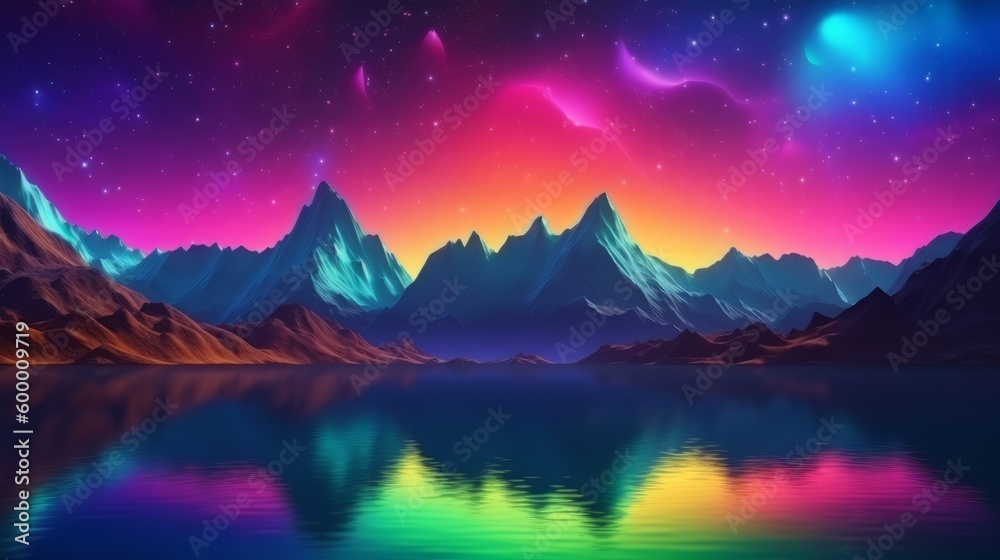A scenic landscape of mountains and a lake under the starry night sky. Generative ai